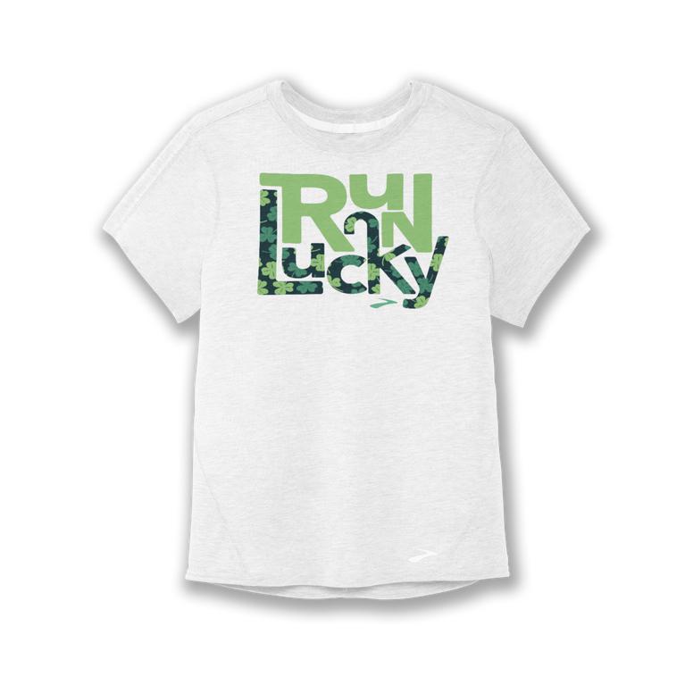 Brooks Distance Graphic tee Womens Short Sleeve Running Shirt - White/Run Lucky/St. Patricks Day - I